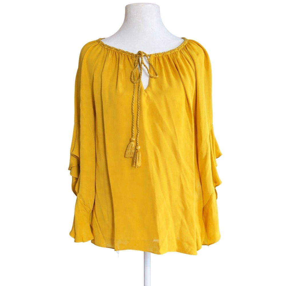 Kobi Halperin Women's Size XS Mustard Yellow 100% Silk Blouse Tie Front Peasant